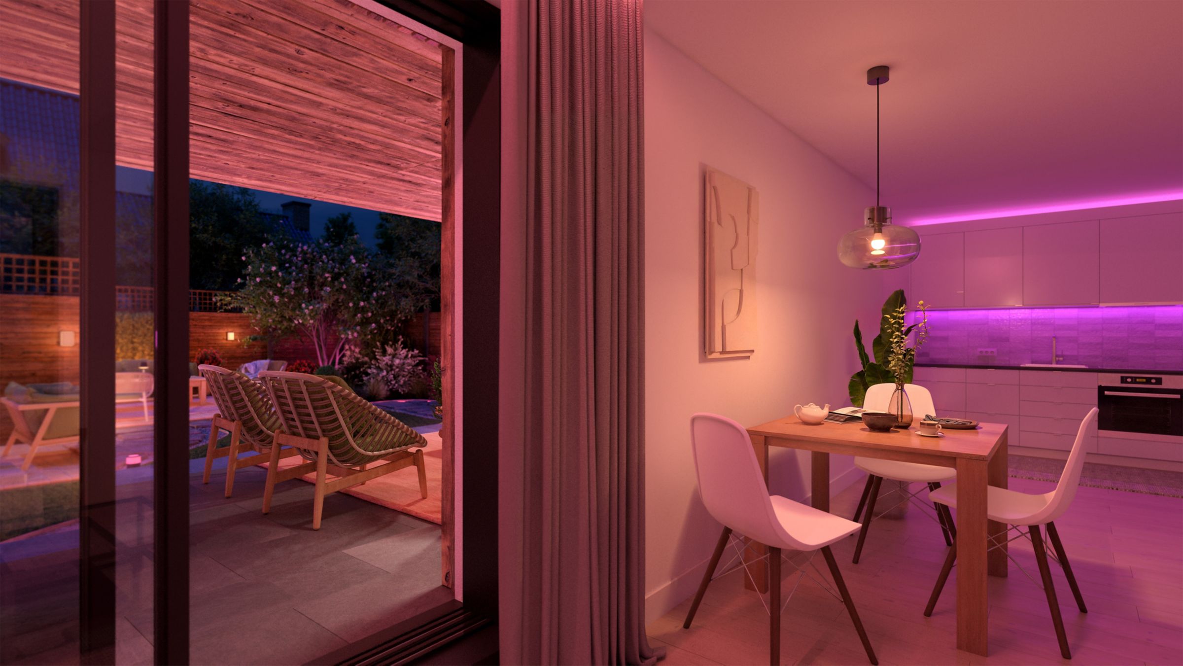 Philips HUE Scenova 12 8721103165367 929004444101 Hue Scenova wall light SQR Patio Angled View ON Colorscene 16x9 PUP