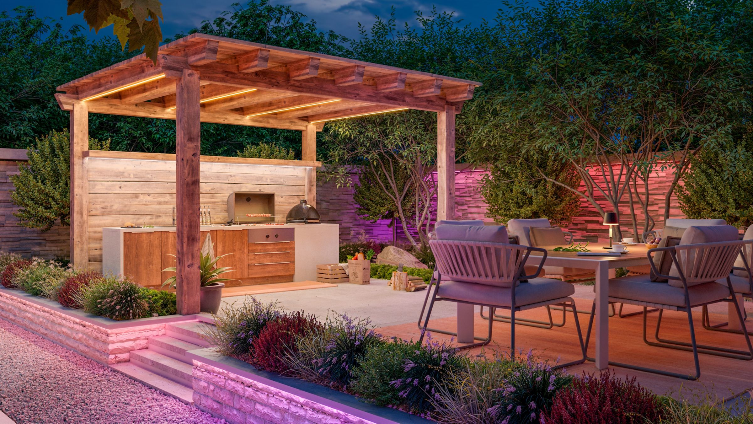 Philips HUE OmniGlow Outdoor Lightstrip 11 8721103166920 929004438401 Hue OmniGlow OD BBQ Area Angled View Color Gradient 16x9 PUP