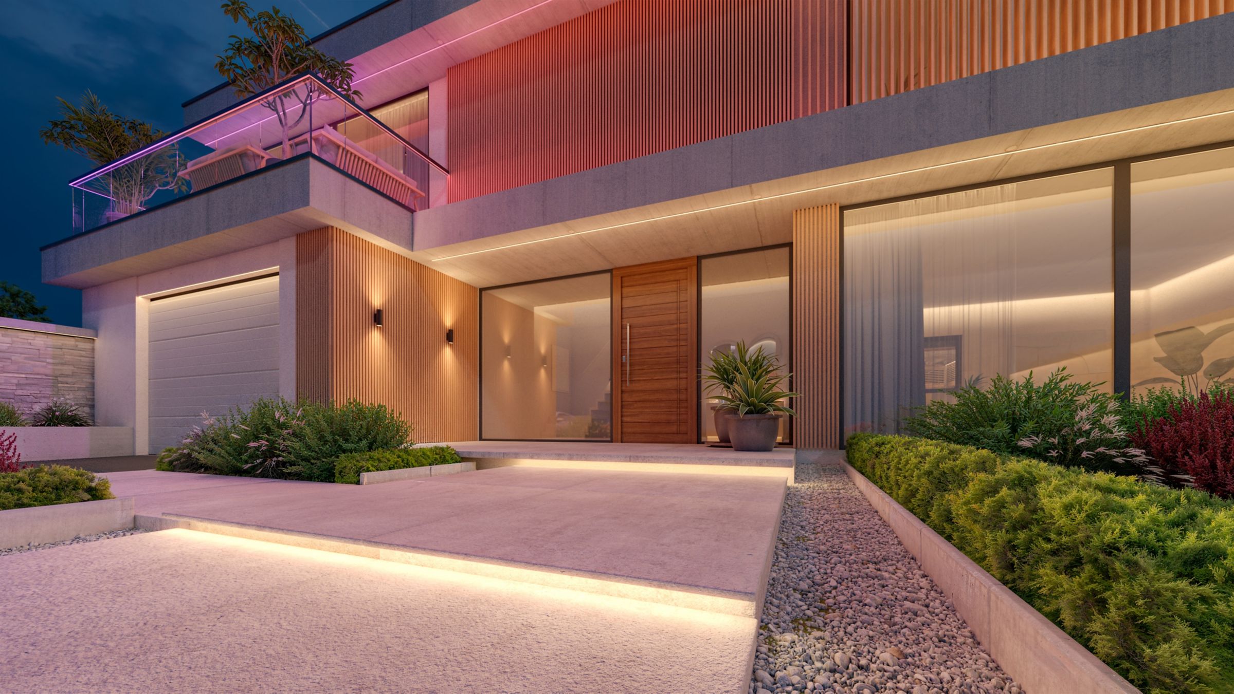 Philips HUE OmniGlow Outdoor Lightstrip 15 8721103166920 929004438401 Hue OmniGlow OD Facade Angled View 2 Color Gradient 16x9 PUP
