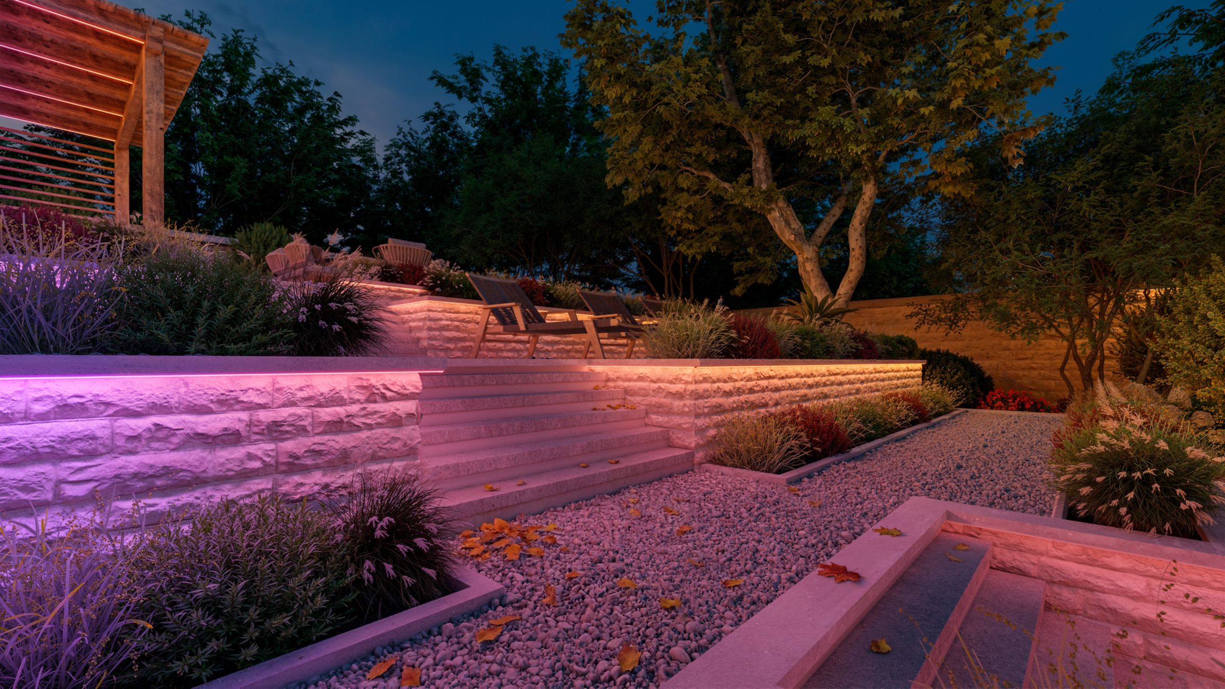 Philips HUE OmniGlow Outdoor Lightstrip 14 8721103166920 929004438401 Hue OmniGlow OD Stairs Angled View 1 Color Gradient 16x9 PUP
